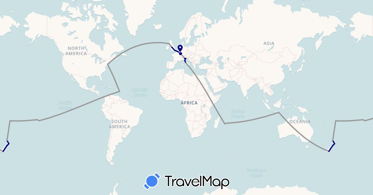 TravelMap itinerary: driving, plane in Fiji, France, United Kingdom, Indonesia, Italy, Luxembourg, Martinique, Mauritius, New Zealand, French Polynesia, Réunion, United States (Africa, Asia, Europe, North America, Oceania)